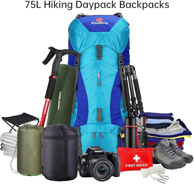 Hiking Backpack for Men and Women 70L+5L Waterproof Lightweight Camping Daypack with Rain Cover for Outdoor Travel Mountaineering - Frameless (Blue)