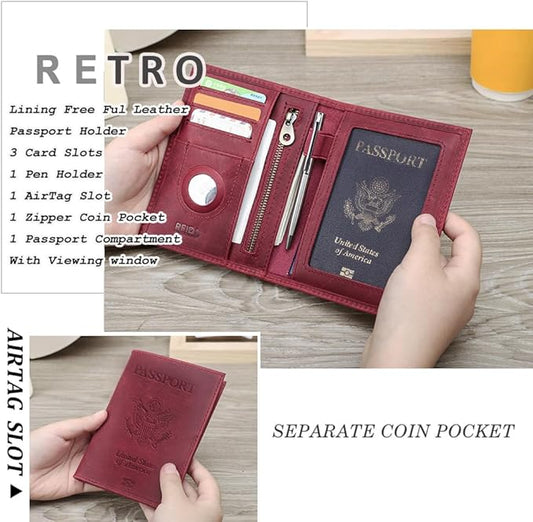 CONTACTS Full Grain Leather Airtag Passport Holder RFID Blocking Travel Passport Wallet Slim Passport Cover Case with 4 Cards Slots, Coin Pocket (Badge, Wine Red)