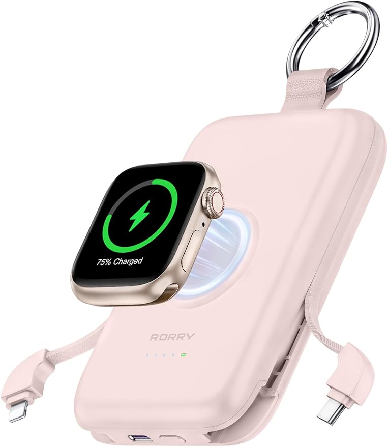 RORRY Portable Charger, 10000mAh PD 20W Fast Charging Portable Charger Power Bank with Built in Cables, Travel Battery Pack for iPhone 17/16/15/14/13/12 and Apple Watch Ultra/11/10/9/8/7/6/5, Pink