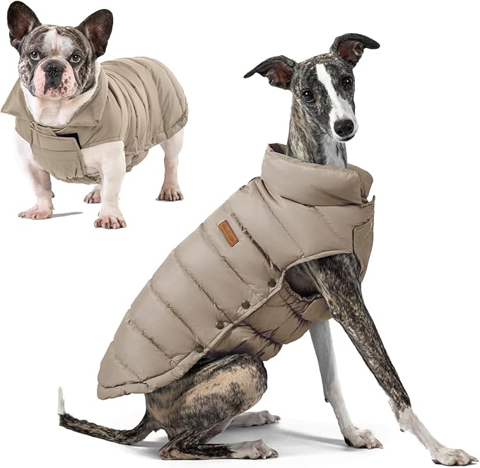 SPACE LION Dog Puffer Jacket, Down Winter Coat, Durable Outdoor Coat for Cold and Windy Conditions, Lightweight & Adjustable Fit Coats for Small & Medium Dogs, (Khaki, Size12/M)