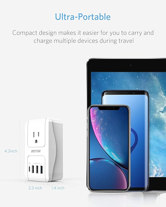 BESTEK Universal Travel Adapter Kit – European Travel Plug Adapter, with PD Fast Charging, 1 USA sockets, 3USB-A, 1x PD 30W USB-C, Power Adaptor for Hair Dryer Curling Iron, Plugs for EU, UK, AU