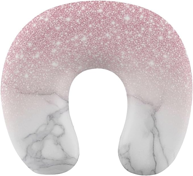 Teens Neck Pillow U-Shaped Memory Foam Travel Support, Modern Rose Gold Pink Glitter White Marble U-Shape, Washable Airplane Car Office Pillow