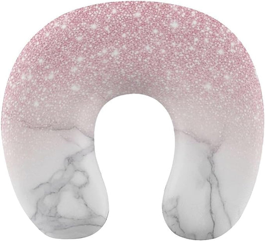 Teens Neck Pillow U-Shaped Memory Foam Travel Support, Modern Rose Gold Pink Glitter White Marble U-Shape, Washable Airplane Car Office Pillow
