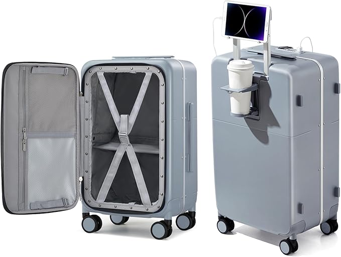 Hanke 20 Inch Carry On Luggage with Cup Holder and Charge,Top Opening Hard Shell Suitcases with Wheels and Dividers,Aluminum Frame Trunk Luggage Small Suitcase with Lock for Travel,Gray