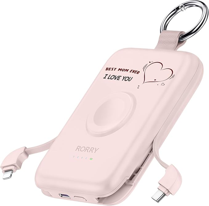 RORRY Portable Charger, 10000mAh PD 20W Fast Charging Portable Charger Power Bank with Built in Cables, Travel Battery Pack for iPhone 17/16/15/14/13/12 and Apple Watch Ultra/11/10/9/8/7/6/5, Mom-Pink