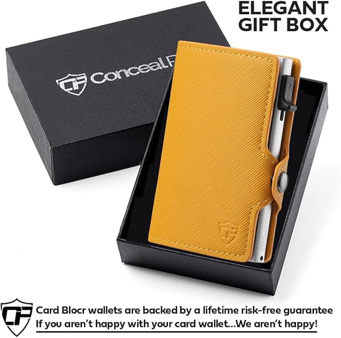 Card Blocr Womens Slim Wallet for Small Purses, Pop Up Wallet with Anti Theft RFID Blocking Credit Card Holder for Women in Orange PU Saffiano Leather