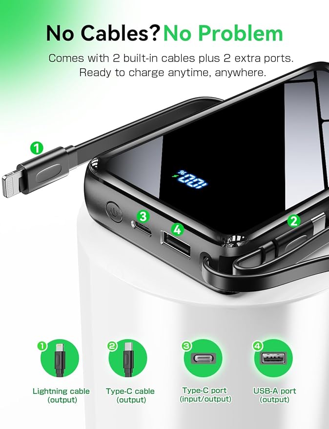 Portable Charger Power Bank 50000mAh, 22.5W Fast Charging Portable Charger with Built-in Cables, Travel Camping 4 Outputs External Battery Pack, LED Display for iPhone, Android, iPad, Black