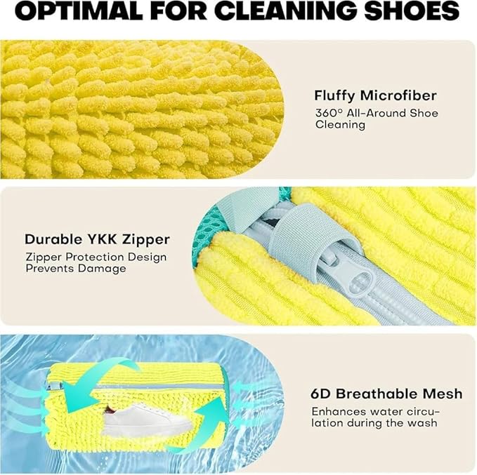 2-Pack Shoe Laundry Bags for Washer & Dryer – Reusable Sneaker laundry Bag with 360° Microfiber Cushion – Anti-Deform, Tear-Resistant, Foldable shoe washing machine bag, 39x19cm – Yellow