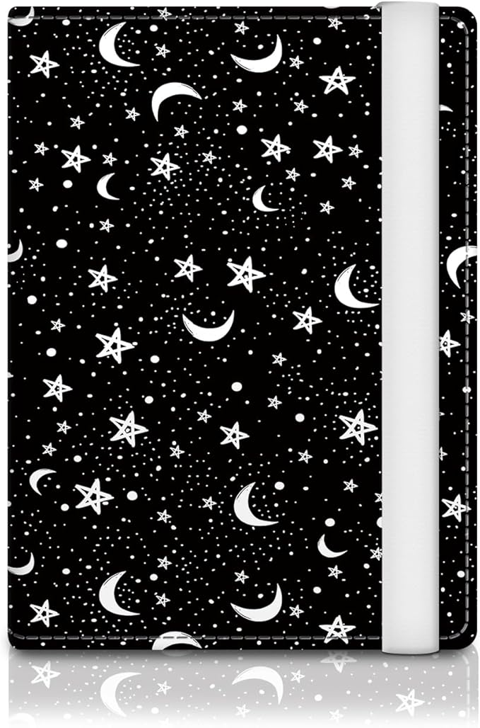Passport Holder for Travel Essentials, RFID Premium Leather Passport Wallet Cover Case for Travel Must Haves Accessories, Passport Book Holders for Women Men Black White Moon Stars
