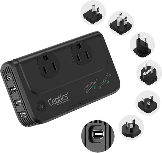 Ceptics - 6 in 1 Travel Adapter and Voltage Converter, 220V to 110V Converter with Surge Protection, Universal Adapter with Types A, C, G, I attachments & 4 USB PD 18W Fast Charging - Black