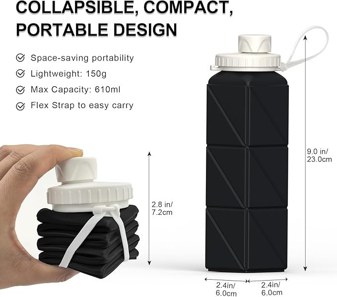 Collapsible Water Bottles 20.6oz, Silicone Foldable Portable Travel Water Bottle, BPA-Free, Leakproof Reusable for Traveling Camping Hiking Cycling Yoga Sports Outdoor, 1 Pack (Black)