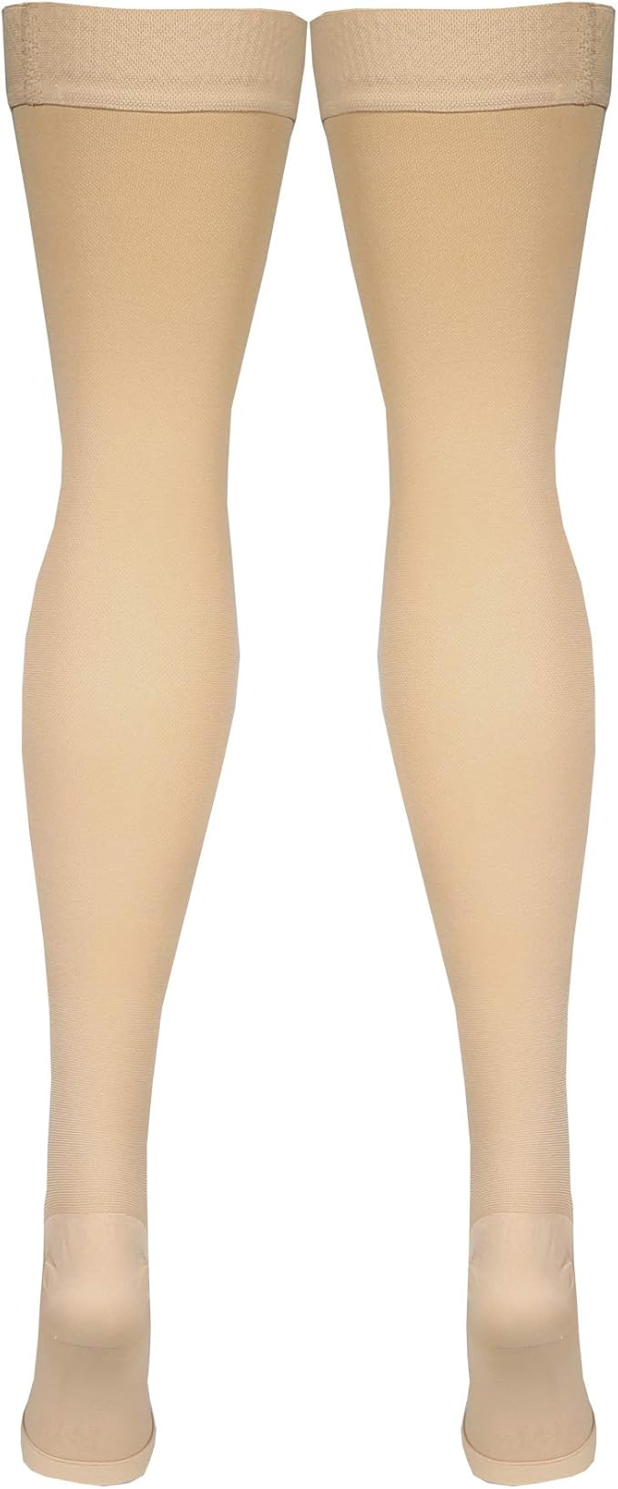Amazon Basic Care Medical Compression Stockings, 20-30 mmHg Support, Women & Men Thigh Length Hose, Open Toe, Beige, Large (Previously NuVein)