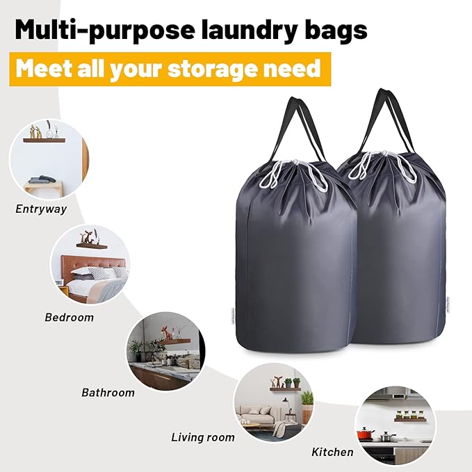 MCleanPin 140L Washable Laundry Bags with Handles,Dirty Clothes Storage for College Dorm or Travel, Laundry Liner Fit Most Laundry Hamper or Basket,2 Pack (Elegant Grey)