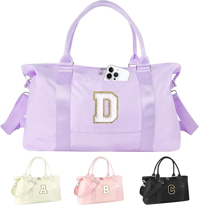 Dance Gym Duffel Bag for Teen Girls, Personalized Initial Travel Weekender Bag,Cute Overnight Carry On Duffle for Women,Sports Travel Cheer Bag,Monogram Christmas Gifts for Tween Preppy(purple-D)