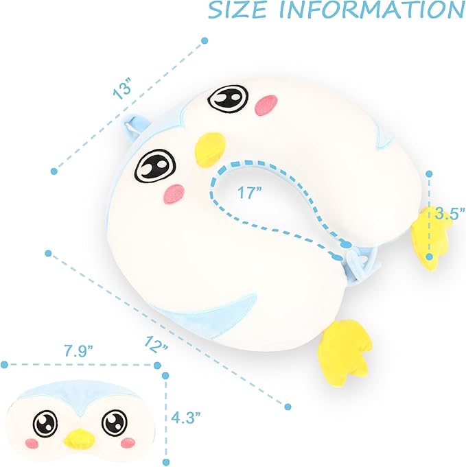 Sexysamba Cartoon Headrest & Neck Pillow for Kids Boys & Girls, Teens, Travel Accessories for Airplane, Car, Recline, Memory Foam Cute Travel Pillow with Sleep Eye Mask - Penguin