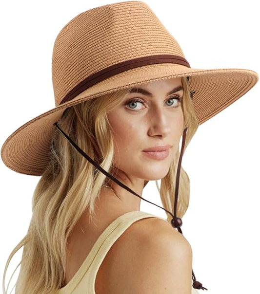 DRESHOW Women Straw Panama Hat Travel Fedora Beach Sun Hat Summer Wide Brim Straw Roll up Hat UPF 50+