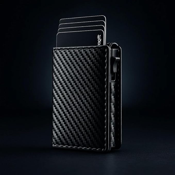 Smart Bifold Airtag Wallet for Men – RFID Blocking Pop-Up Bifold Credit Card Holder with ID Window, Slim Aluminum Case Fits 12+ Cards, Coffee Brown, Comes in a Gift Box (Carbon-Fiber Black)