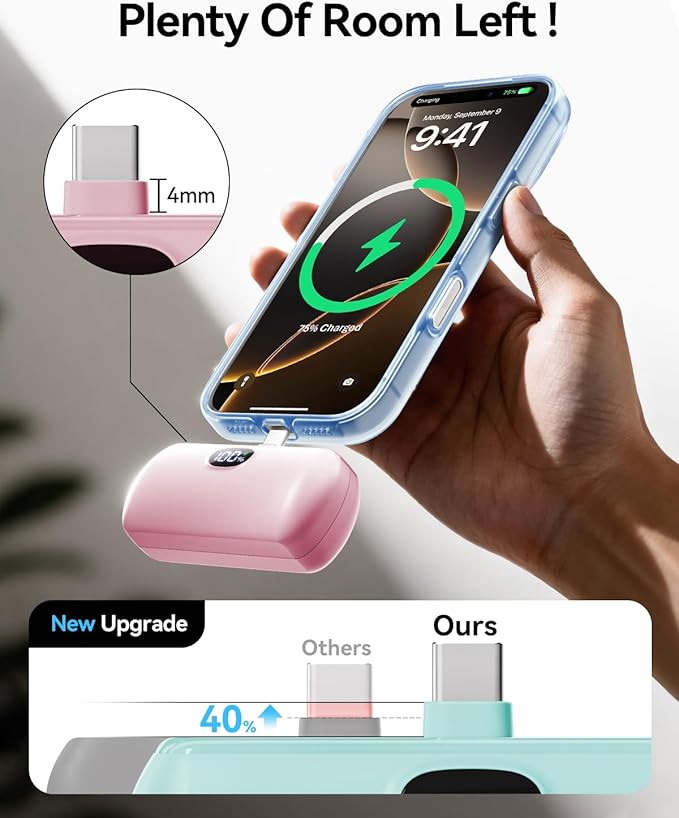 [2 Pack Mini Portable Charger USB C, 5000mAh Cell Phone Portable Power Bank, 22.5W Max Fast Charging Battery Pack for iPhone17/16/15/Android etc, Travel Essential, LCD Display, Pink&Green