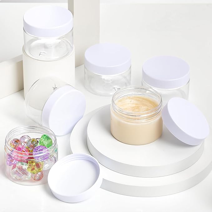 SATINIOR 12 Pack Plastic Container Jars with Lids Round Clear Travel Cosmetic Container Jars for Toiletries, Lotion, Cream, Ointments, Makeup, Rhinestone, Samples, Kitchen Storage(2 oz,White)