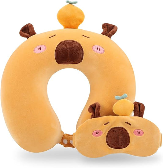 Travel Pillow, Kids Travel Pillow with Sleep Eye Mask Soft Memory Foam Kids Neck Pillow for Boys & Girls, Travel Accessories for Car Airplane Traveling - Capybara