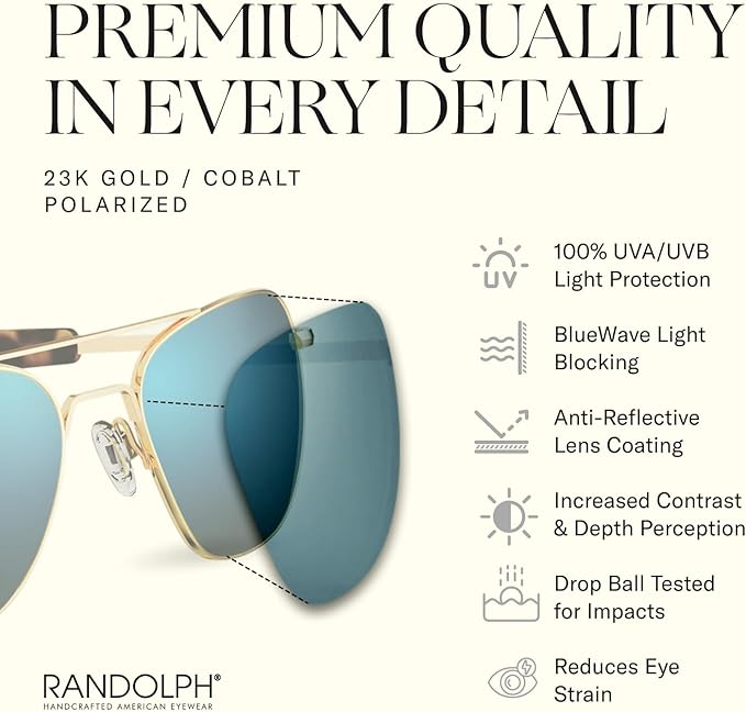 Randolph Eyewear Aviator Sunglasses for Men & Women – Non-Polarized & Polarized Lenses, 23k Gold UV Protection Sunglasses