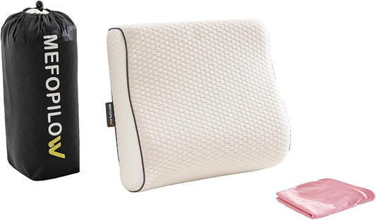 Memory Foam Travel Pillow with Washable Cover & Carry Bag – Compact, Soft & Breathable Neck Pillow for Airplane, Camping & Car (White- with Extra Pink Cotton Cover, 13.8x11.8x3.9/3.1 inches)