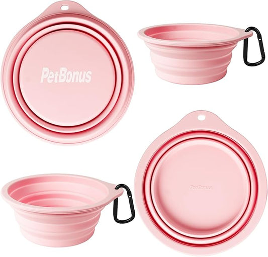 PetBonus 2-Pack Silicone Collapsible Dog Bowls, BPA Free Dishwasher Safe, Portable Foldable Expandable Travel Bowl, Food Water Feeding Cup Dish for Dogs Cats with 2 Carabiners （Grey, Chalk Pink）