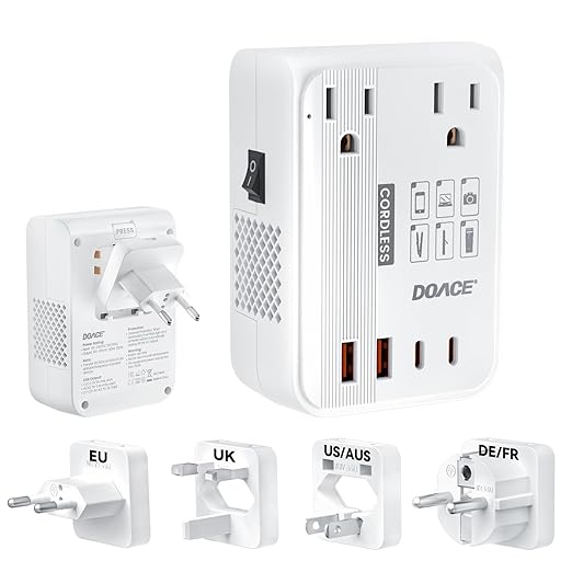 DOACE 220v to 110v converter 350W voltage converter us to europe for Hair Straightener/Curling Iron Converter for European Travel with 4-port USB Charging and UK/AU/US/EU Worldwide Plug Adapter, White