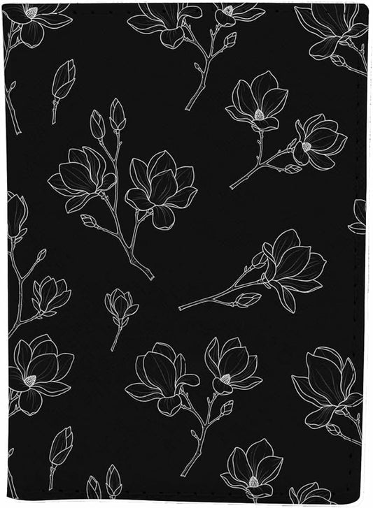 Magnolia Passport Holder for Travel Japanese Black White Line Flower PU Leather Passport Cover Wallet Cute Passport Card Holder for Women and Men