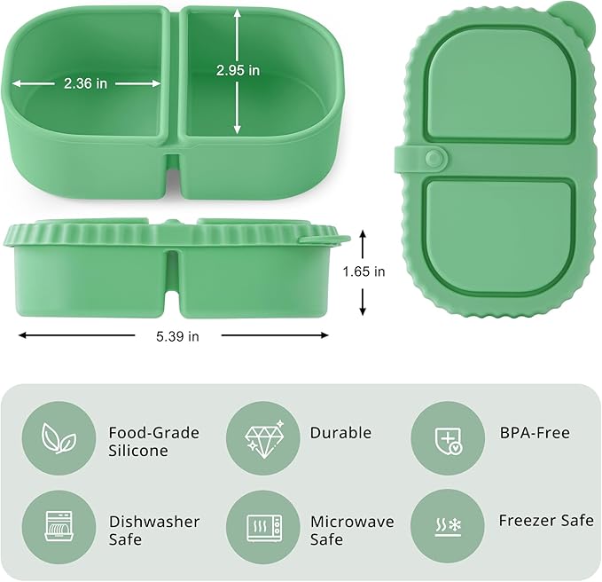 3 Pack Silicone Reusable Snack Containers with Lids - 8 Oz Double Compartment Snackle Box for Kids & Adults, Leakproof Small Divided Dipping Sauce Cup for School, Office, Picnic