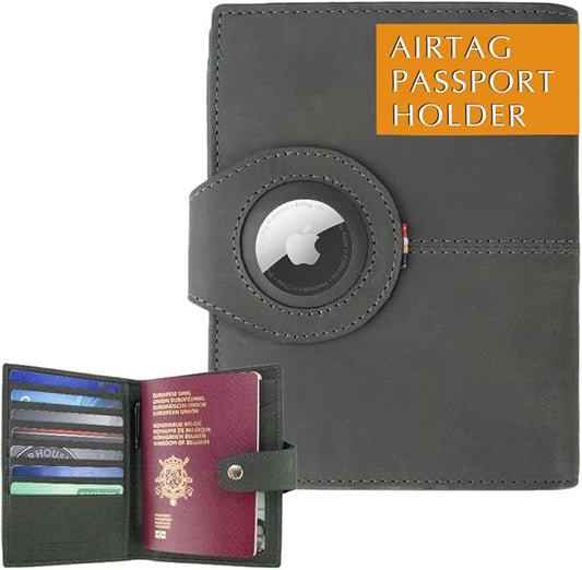 GARZINI Passport Holder with AirTag, Passport Wallet with RFID, Travel Accessories, Travel Document Holder with ID Window, Leather Passport Holder for 7 Cards, Carbon Black