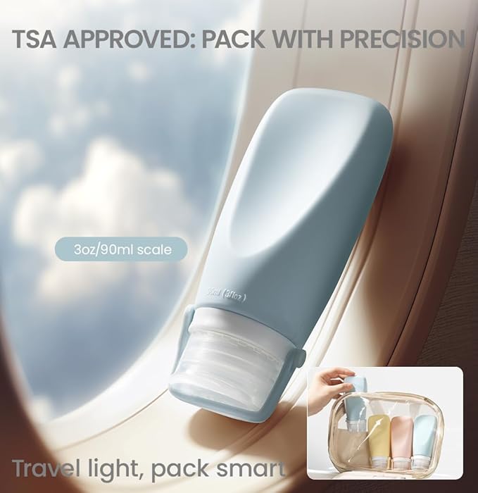 Travel Bottles for Toiletries, TSA Approved 3oz Container, High-Effeiciency Leak-Proof Ultrasonic Technology, Silicone Refillable Squeezable Travel Accessories for Shampoo Conditioner Lotion (4 Pcs)