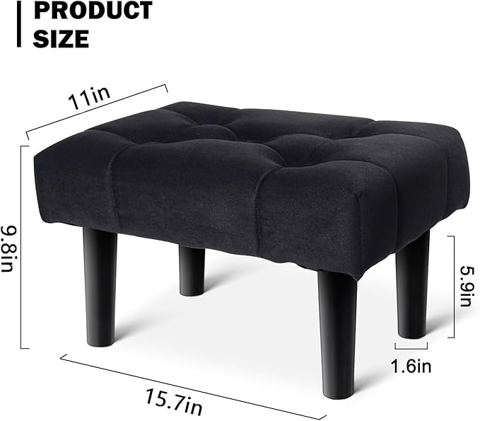HOUCHICS Small Footstool Ottoman,Velvet Soft Footrest Ottoman with Wood Legs,Sofa Footrest Extra Seating for Living Room Entryway Office(Black 1PACK)