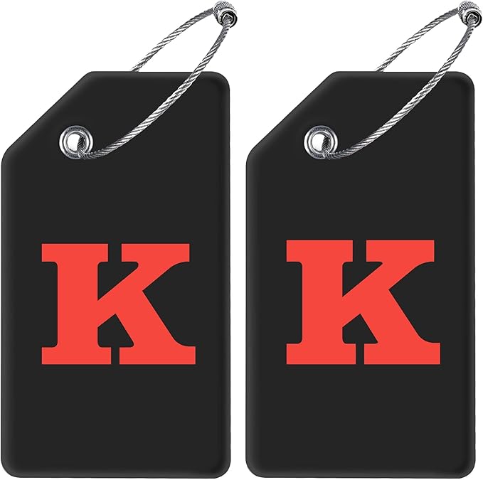 Gostwo 2 Pack Silicone Luggage Tags for Suitcases, 26 Initial Letter Baggage Labels Handbag School Bag Suitcase Instrument Tag with Stainless Steel Loop(Black & White) (Letter K)