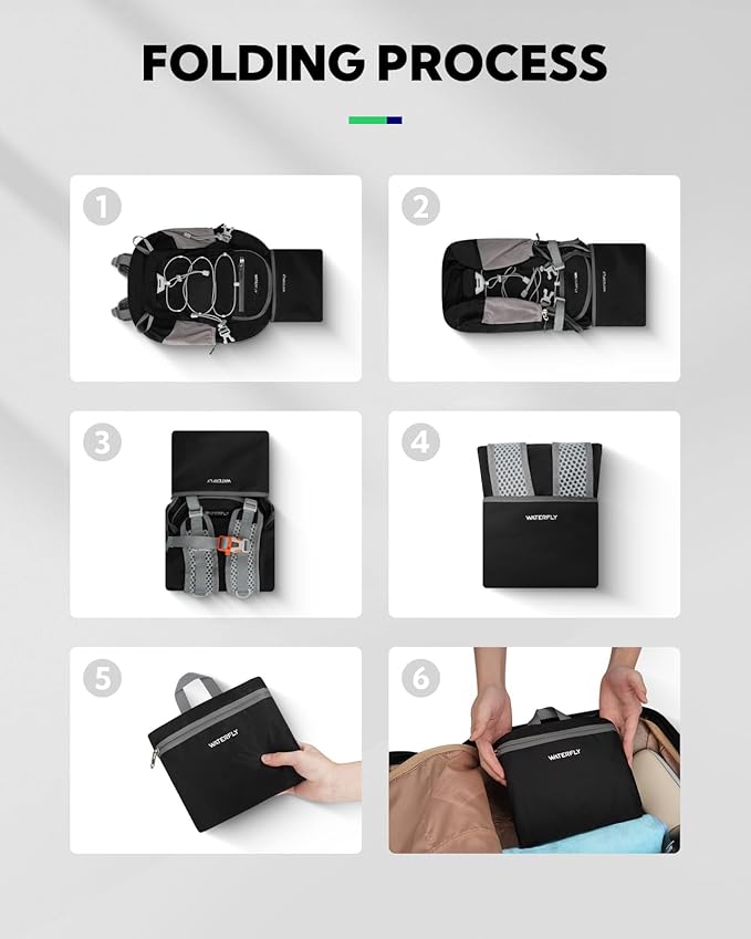 WATERFLY Small Lightweight Packable Backpack: 15L Mini Ultra Light Foldable Travel Daypack with Breathable Shoulder Strap Outdoor Hiking Camping Day Pack for Women Men Black