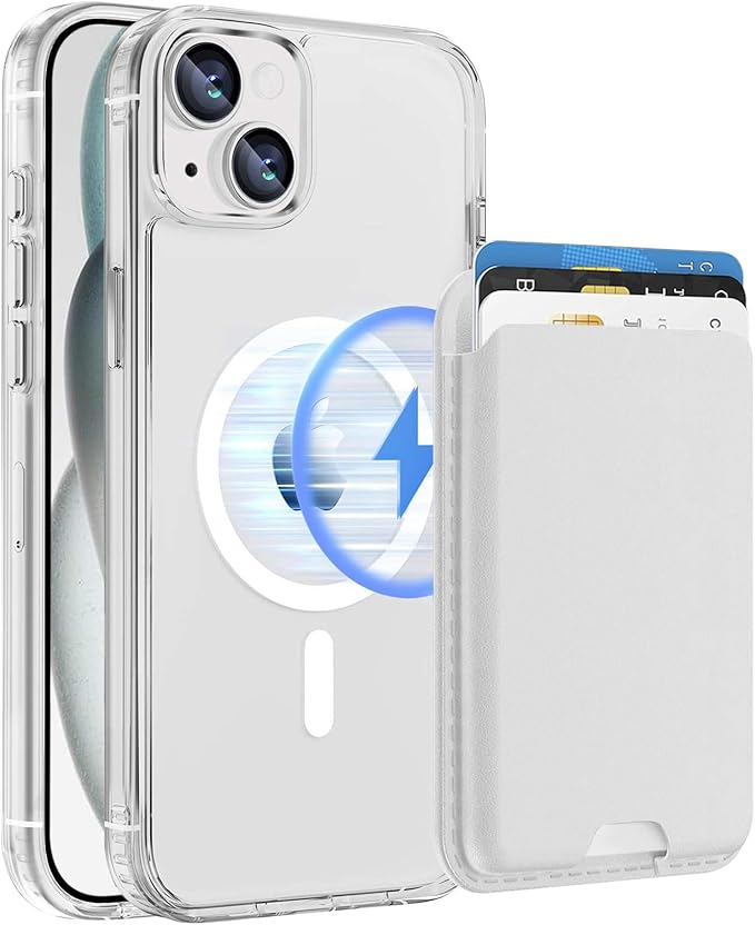 Ntwinro Magnetic for iPhone 13 & iPhone 14 Clear Case (Compatible with MagSafe) with White Detachable Wallet & Card Holder for 3 Cards [RFID Blocking] Military Grade Protective Slim Phone Cover