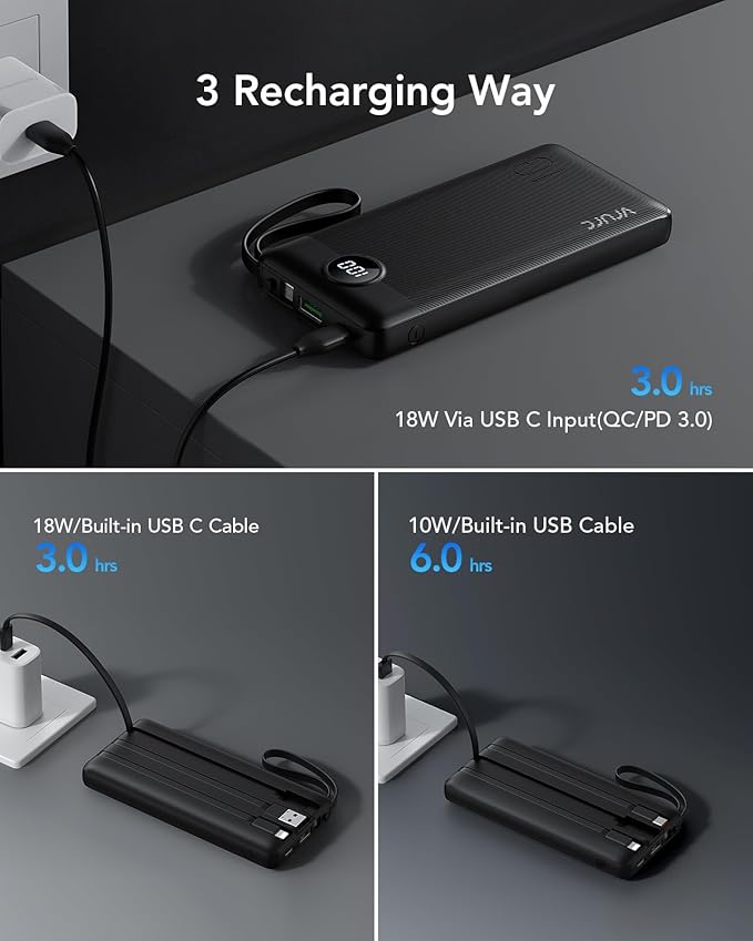 VRURC Portable Charger, 22.5W Slim Power Bank Fast Charging, 10000mAh USB C Portable Phone Charger, Compact Travel Battery Pack with Built-in Cables for iPhone 16 15 14 13, Samsung-Black(1 Pack)