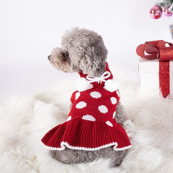KYEESE Red Dog Sweaters Dress with Leash Hole Polka Dot for Girl Dog Sweater Knit Warm Doggie Sweaters with Pom Pom Ball for Fall Winter
