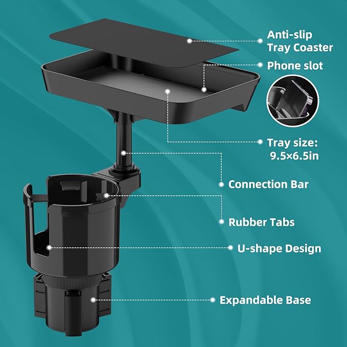 Car Cup Holder Tray, Cup Holder Expander Adapter for Car, 9.5” Car Food Tray Table for Eating, Car Essentials Fits Yeti, Hydro Flask 16-46 oz