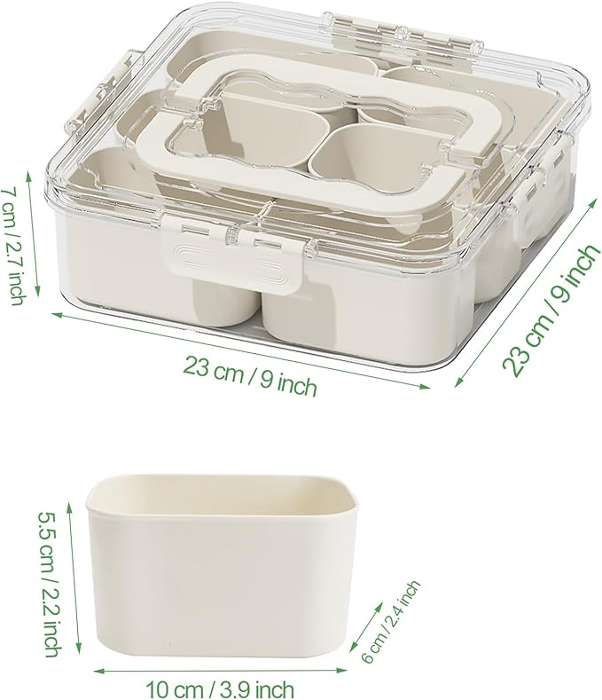SMALL Divided Serving Tray with Lid and Handle, Portable Snack Box Container, 6 Compartments Veggie Fruit Snackle Tray, Charcuterie Platter Container for Party, Nuts, Snacks, Picnic,2 Pack, SMALL SIZE