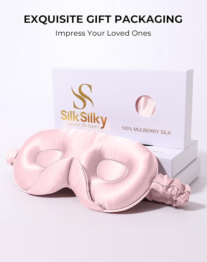 SilkSilky 100% 22 Momme Mulberry Silk Sleep Mask – Upgraded 3D Contoured Eye Mask with Nose Wing Pads & Adjustable Strap, Luxury Blackout Eye Cover for Women & Men (Pink)