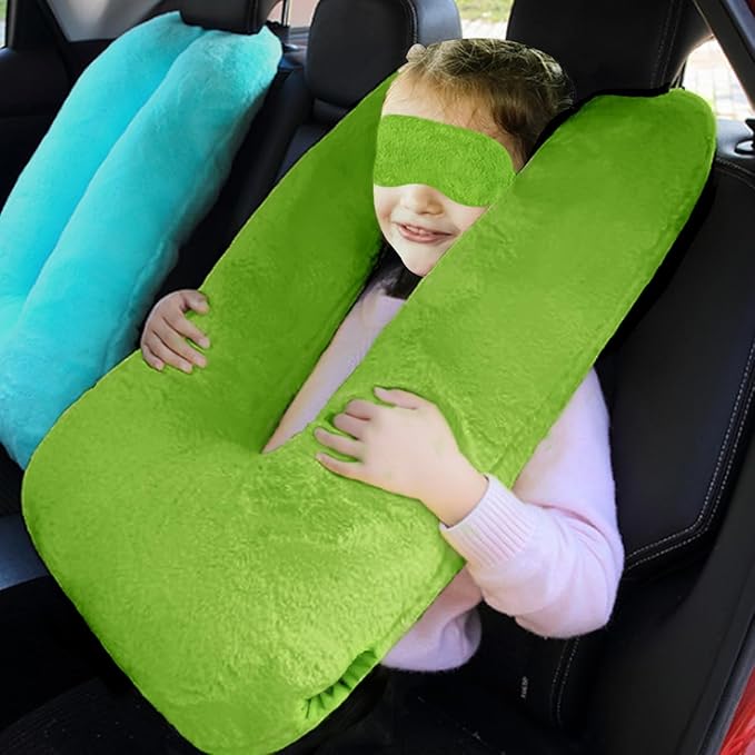 Sexysamba Travel Pillow with Sleep Mask Set Car Pillow Kids Travel Pillow for Sleeping U Shaped Car Seat Pillow Head Neck Body Support for Kids and Adults Road Trip Accessories,Green