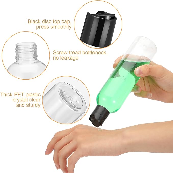 24 Pieces Plastic Empty Bottles Clear Squeeze Travel Containers with Black Disc Cap Refillable Shampoo Travel Bottles for Toiletries Lotion Container for Body Soap Cream(8 oz)