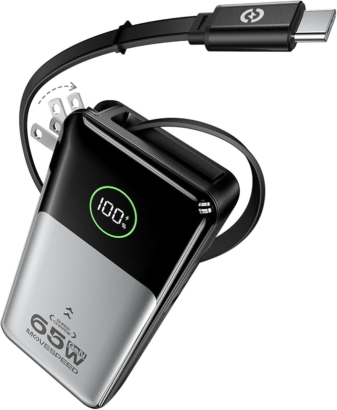 MOVE SPEED Portable Charger Laptop Power Bank 20000mAh 65W, Travel Essentials Battery Pack with Built-in Retractable USB-C Cable & Wall Plug, for MacBook/iPhone 17/16/15/iPad/Galaxy/Dell/HP and More