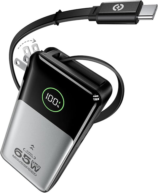 MOVE SPEED Portable Charger Laptop Power Bank 20000mAh 65W, Travel Essentials Battery Pack with Built-in Retractable USB-C Cable & Wall Plug, for MacBook/iPhone 17/16/15/iPad/Galaxy/Dell/HP and More