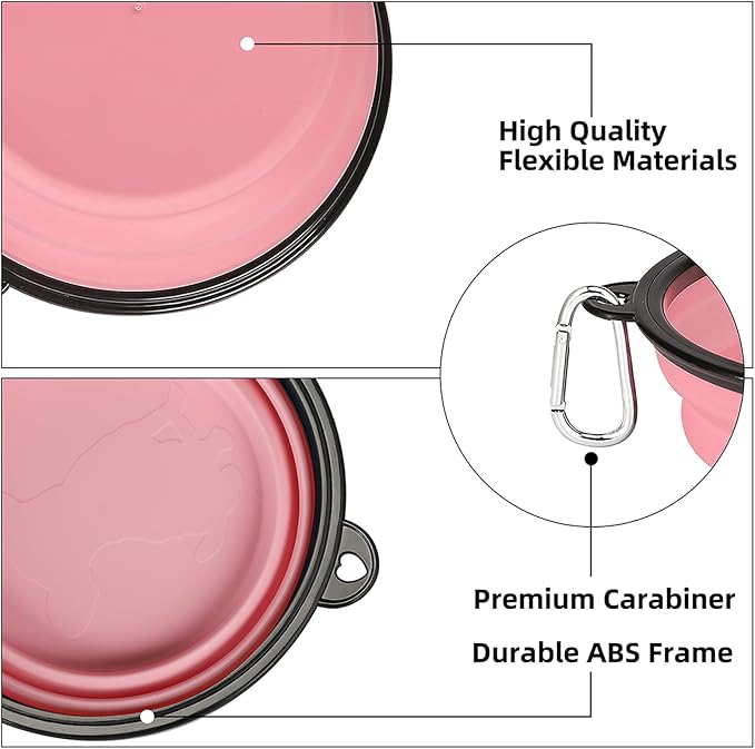 Kytely Large Collapsible Dog Bowls 2 Pack, 34oz Foldable Dog Travel Bowl, Portable Pet Water Food Bowl with Clasp, Pet Cat Feeding Cup Dish for Traveling, Walking, Hiking (Pink+Purple)