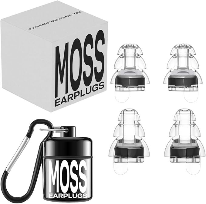 Moss High Fidelity Reusable Earplugs for Concerts Festivals Nightlife DJs and Sports Noise Reduction Hearing Protection with Travel Case