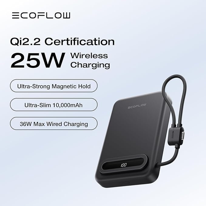 EF ECOFLOW Rapid Mag Power Bank 10,000mAh, Qi2.2 25W Wireless Charging, 0.6'' Slim Magnetic Portable Charger, Built-in USB-C Cable, Qi2 Certified Magsafe-Compatible Battery for iPhone 17/16/15, Black