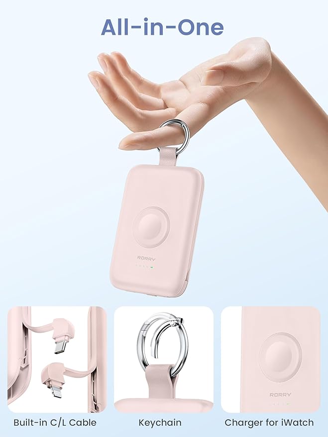 RORRY Portable Charger, 10000mAh PD 20W Fast Charging Portable Charger Power Bank with Built in Cables, Travel Battery Pack for iPhone 17/16/15/14/13/12 and Apple Watch Ultra/11/10/9/8/7/6/5, Pink