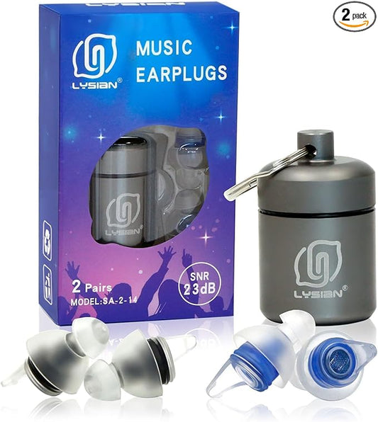LYSIAN High Fidelity Concert Ear Plugs for Music- 2 Pairs Reusable Musicians Earplugs for Noise Cancelling, Concert Festivals, Drummers, DJS, Raves, Games -23dB